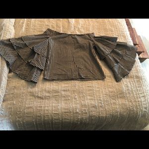 OTS gingham top w/ ruffled bell sleeves